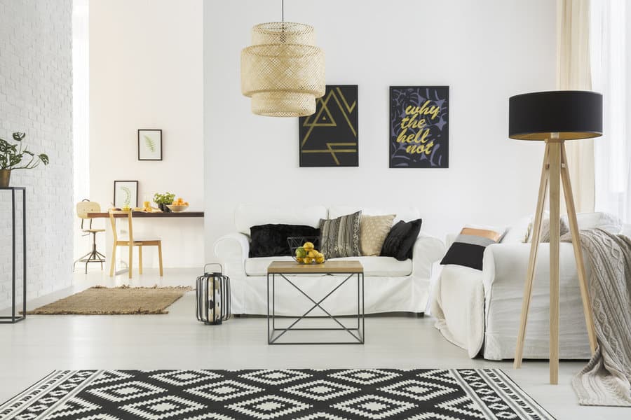 Black and white living room with a floor lamp