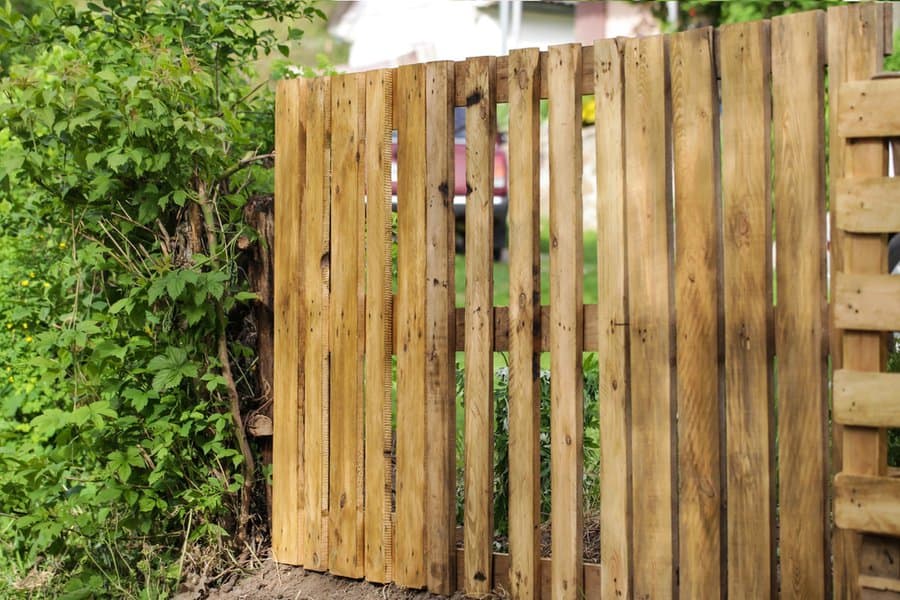 Wooden pallet fence with greenery background