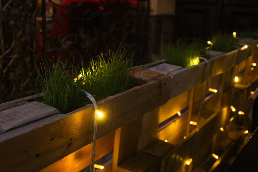 Wooden pallet fence with string lights