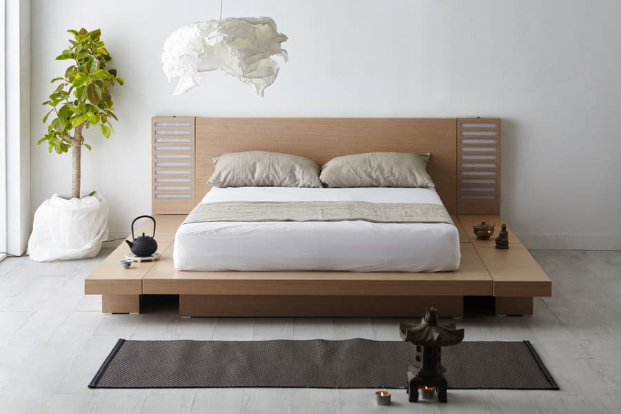 Minimalist bedroom with Japanese tea set