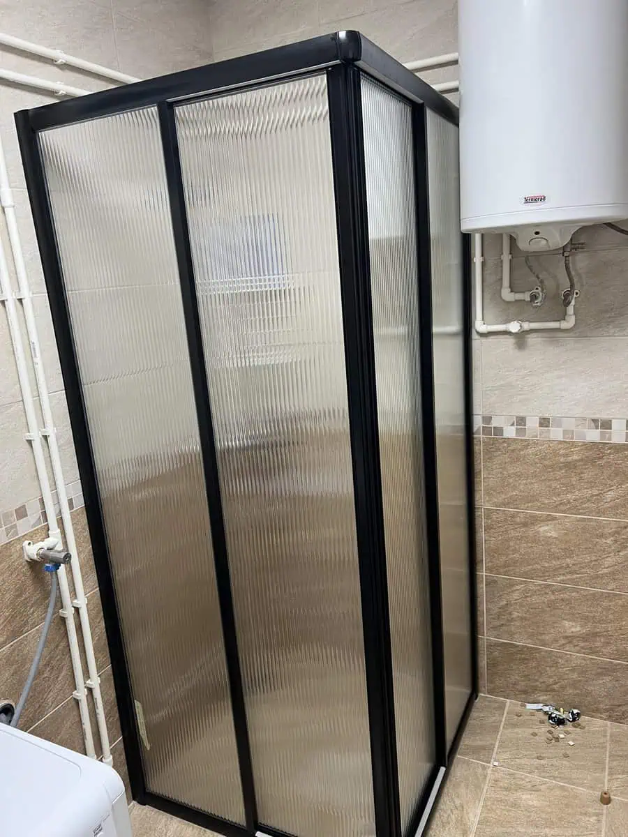 Black Walk-In Shower with Frosted Glass Panels