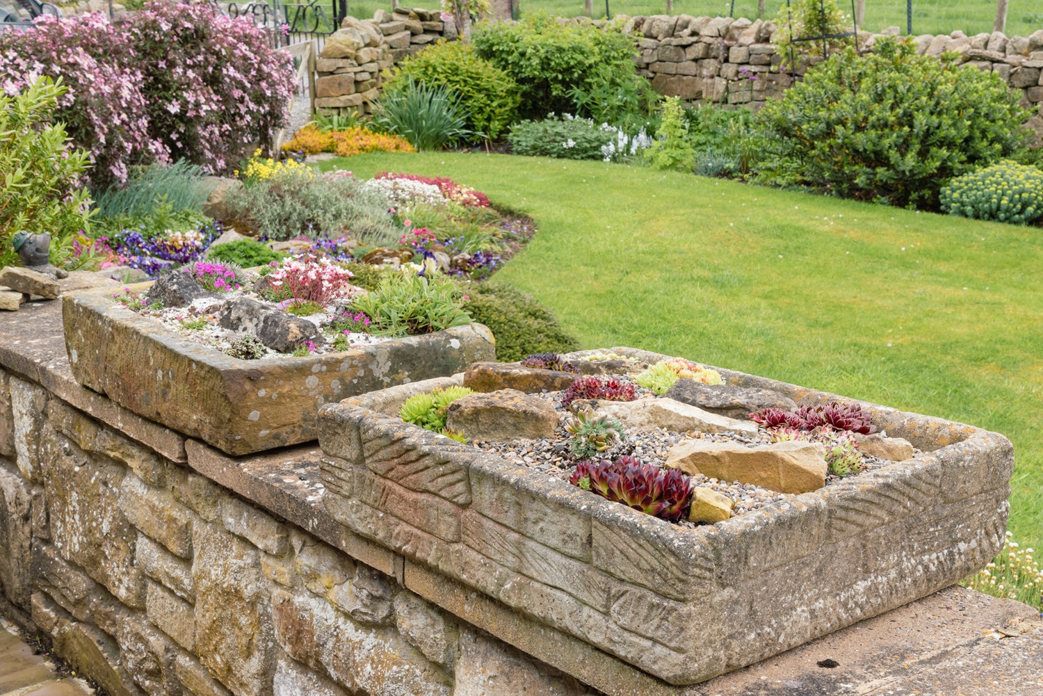 Stone planters with various succulents and flowers on a garden wall