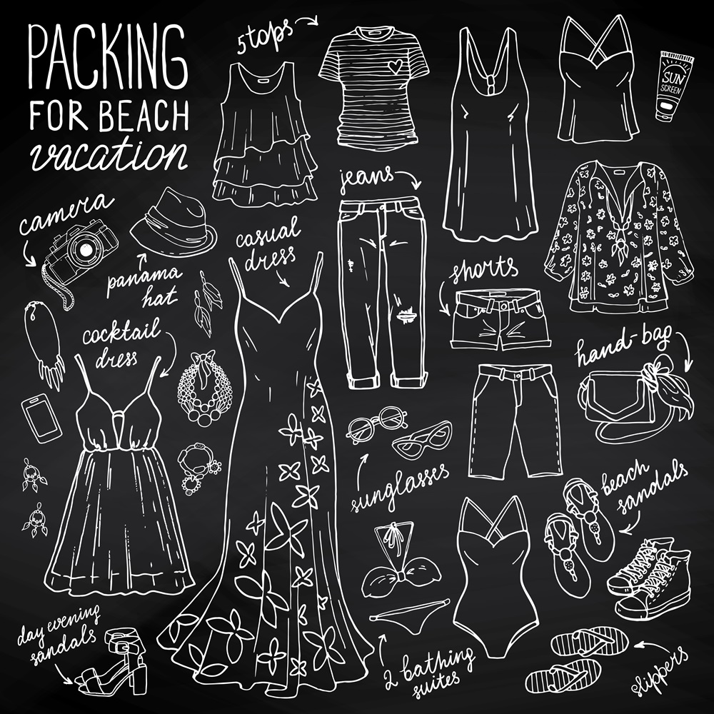 Chalkboard illustration of clothing and essentials for a beach vacation packing list.