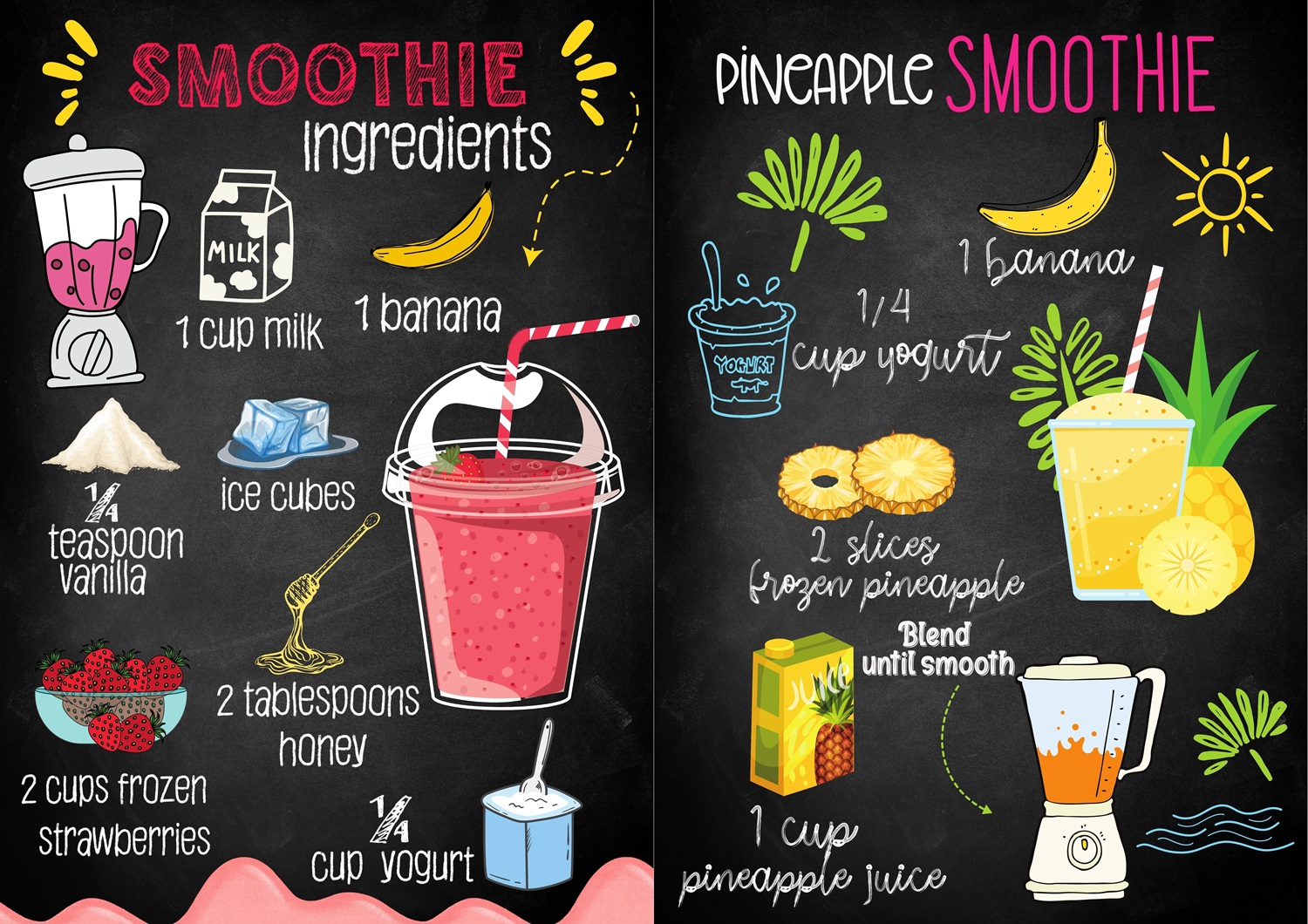 Illustrated smoothie recipes for general fruit smoothie and pineapple smoothie.