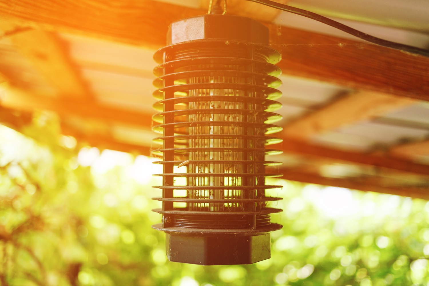 A black outdoor bug zapper lamp hangs from a wooden beam under a roof, with sunlight filtering through green foliage in the background.