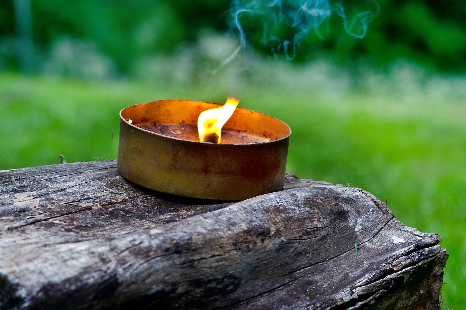 A small, single flame burns in a rusted, circular metal container placed on a weathered wooden log, with greenery blurred in the background.