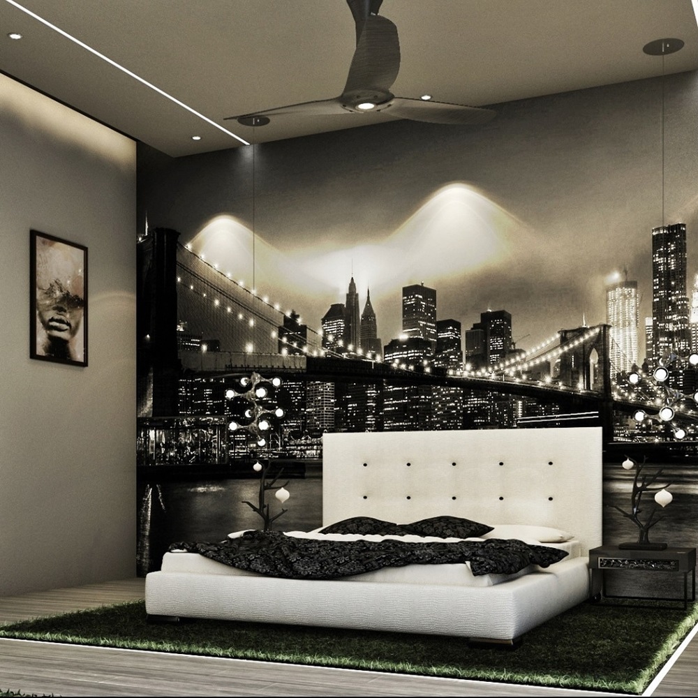 Modern bedroom featuring a large cityscape mural behind a white bed with contemporary decor