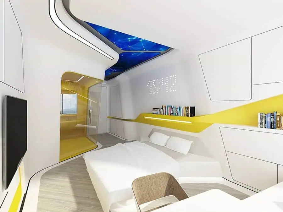 Futuristic bedroom with sleek white and yellow walls, blue LED ceiling, modern furniture, and built-in bookshelves.