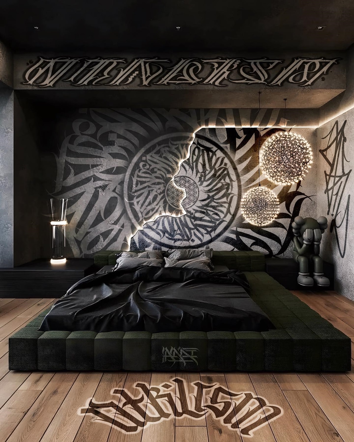 Modern bedroom with dark decor, abstract graffiti art on walls and ceiling