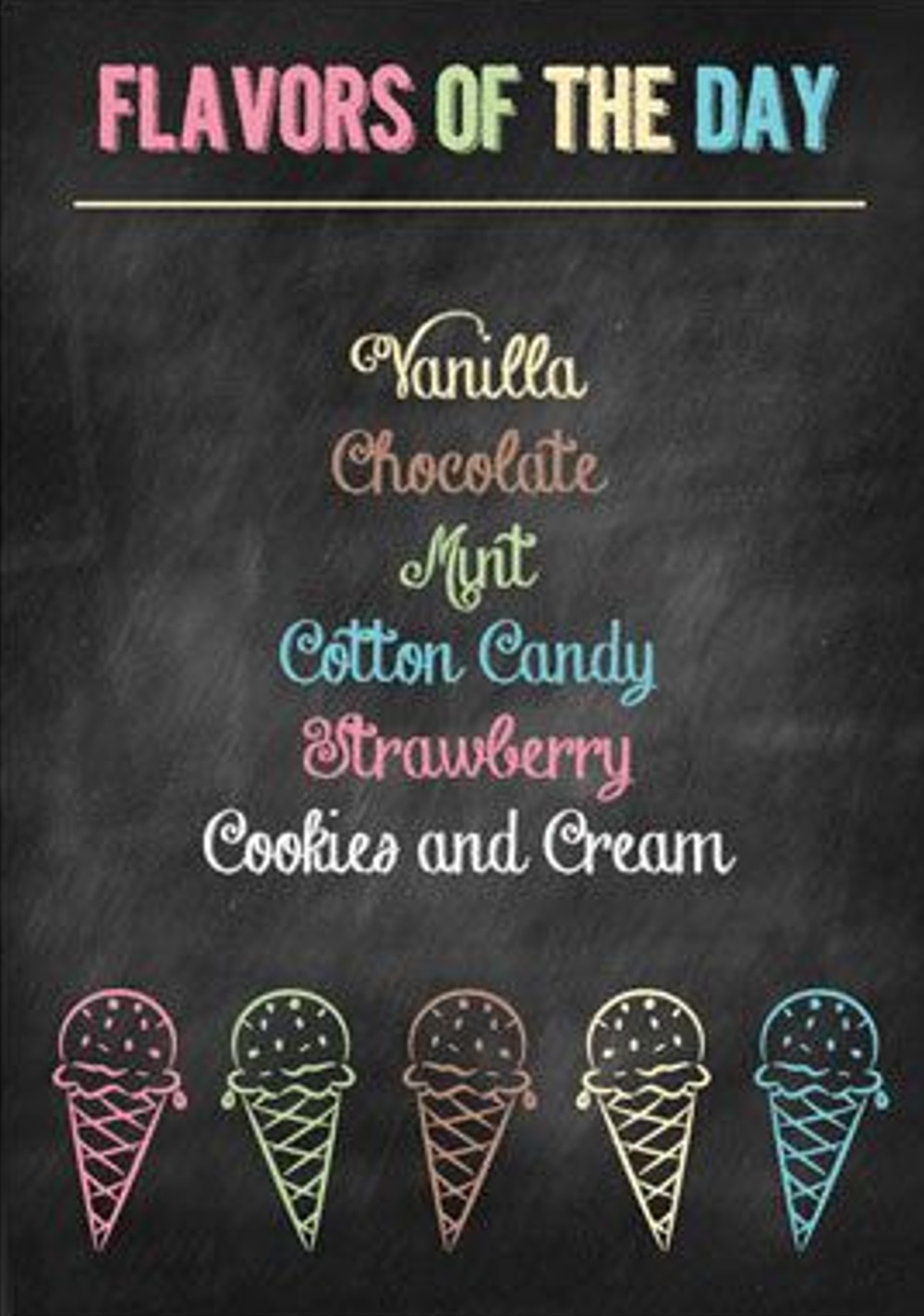 Chalkboard menu with ice cream flavors: Vanilla, Chocolate, Mint, Cotton Candy, Strawberry, Cookies.