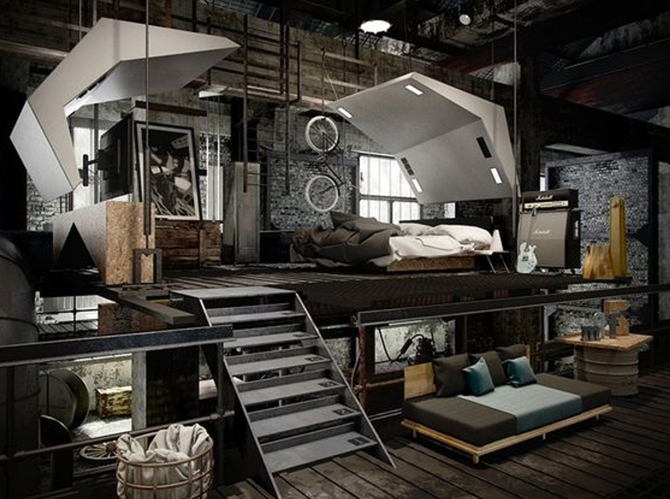 Industrial loft showcasing modern furniture, metal stairs, and a cozy lounge area