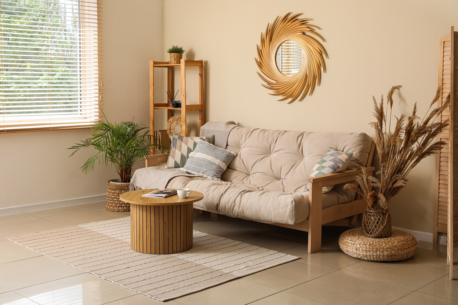 Cozy living room featuring a beige sofa, wooden coffee table, and sunburst mirror decor