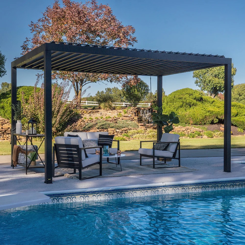 Modern pergola with outdoor seating set by a swimming pool in a landscaped backyard