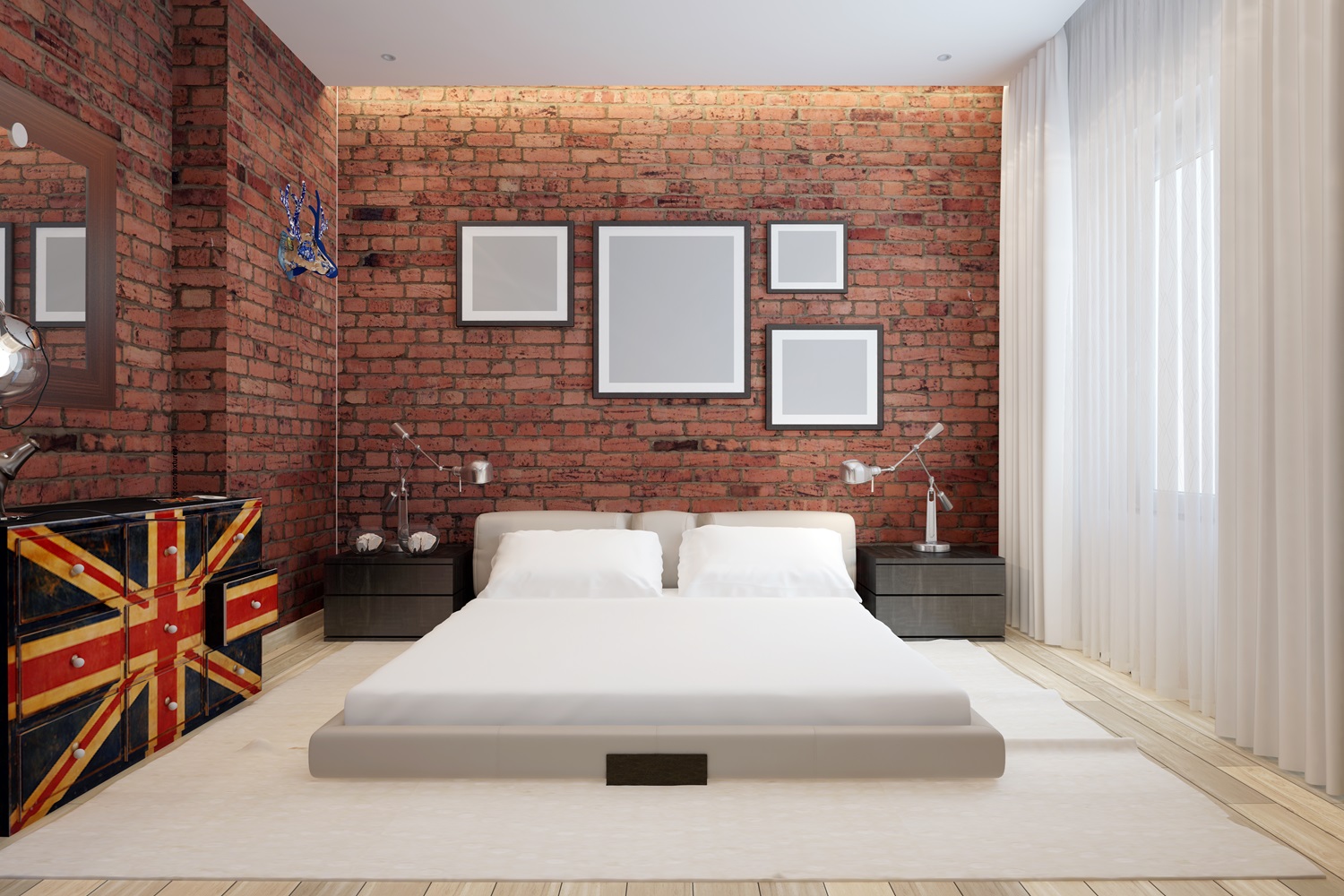 Modern bedroom with brick walls, a low bed, and a Union Jack-themed dresser