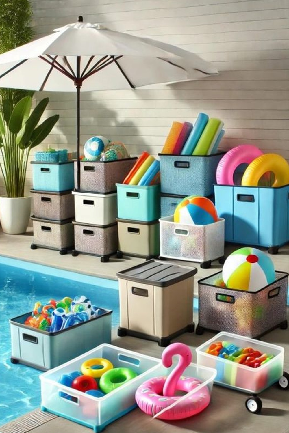 Poolside storage with various bins holding colorful pool toys, floaties, and noodles.