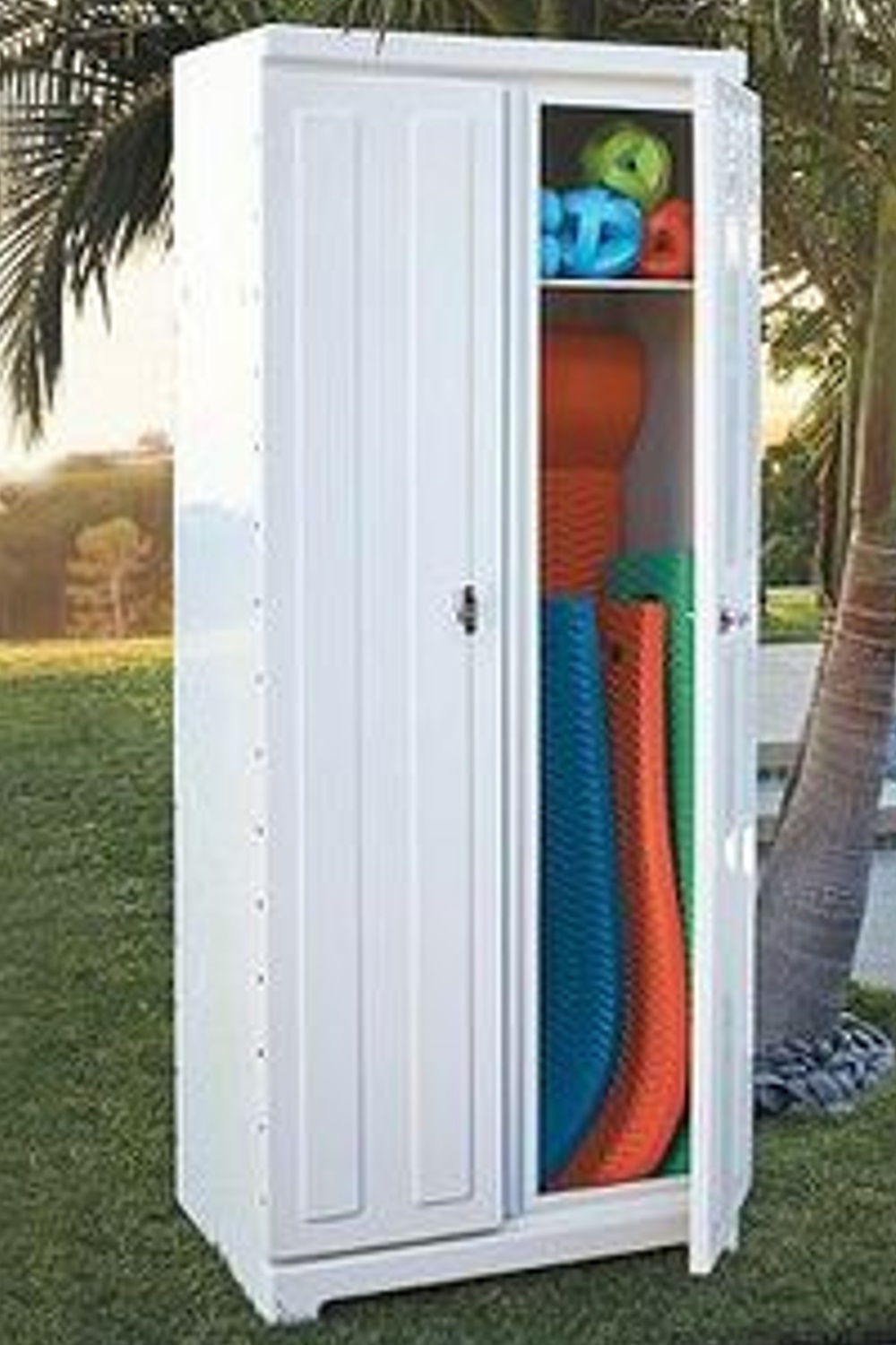 A white storage cabinet with colorful pool noodles