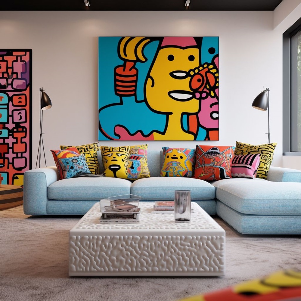 A colorful modern living room with vibrant artwork and patterned cushions on a couch