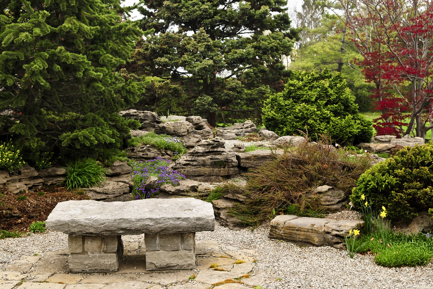 Stone bench in a gravel garden surrounded by lush greenery and rocks in the background