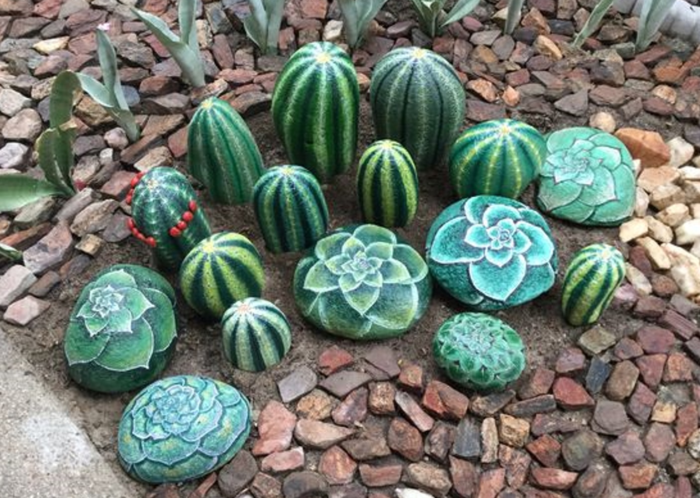 Rocks painted to look like cacti and succulents arranged on a garden bed