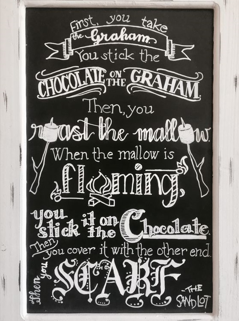 Chalkboard with instructions for making s'mores, quotes The Sandlot movie.