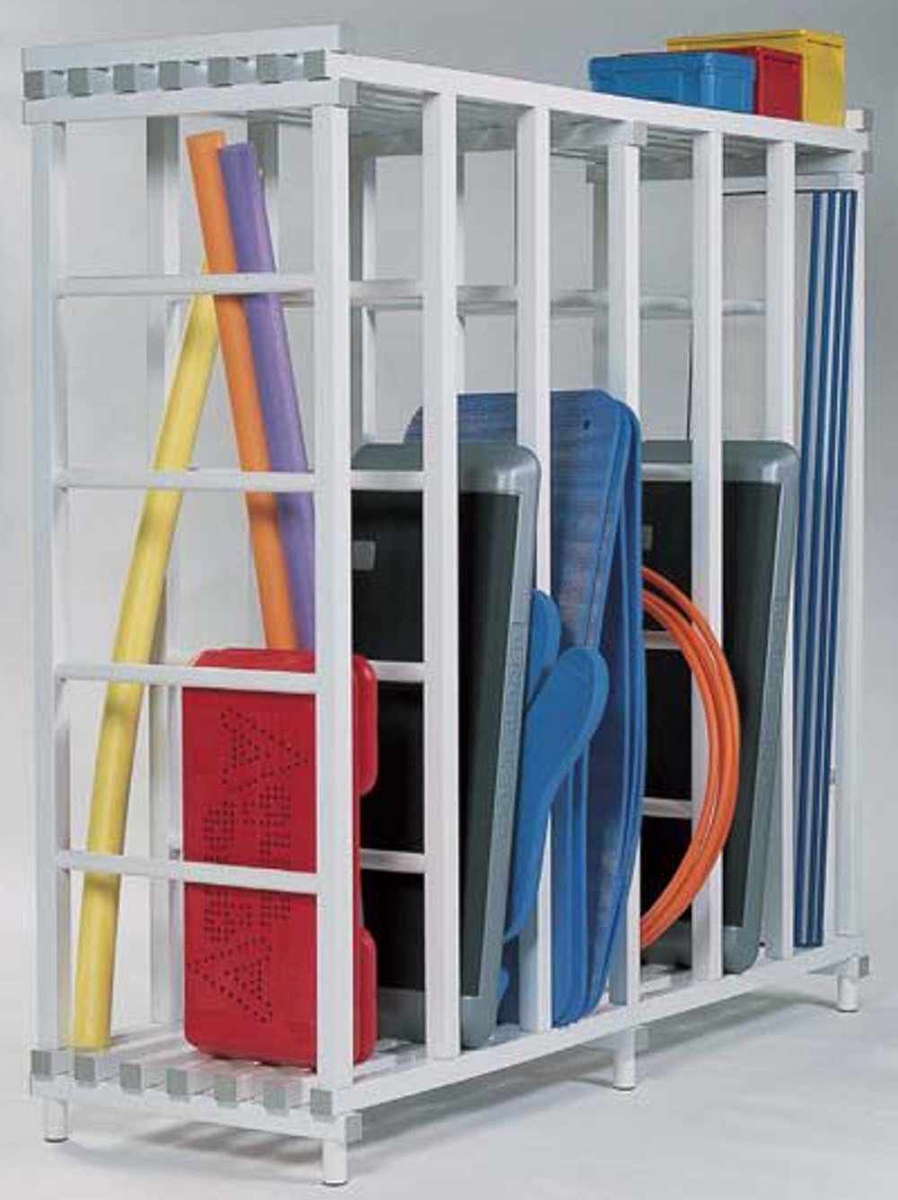 Sports equipment storage rack holding pool noodles, kickboards, and other gear.