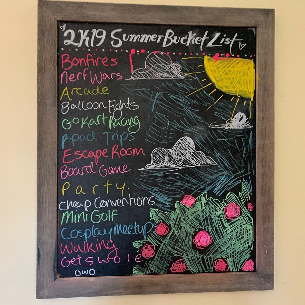 Chalkboard with a colorful list of activities.