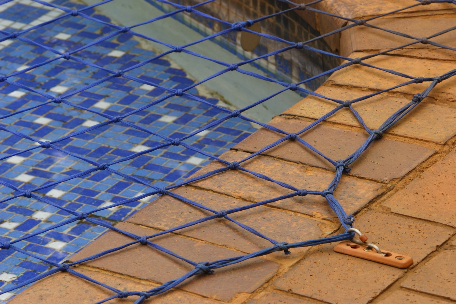 Blue safety net covering a partially drained, mosaic-tiled swimming pool.