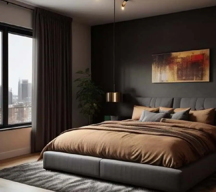 Modern bedroom with dark accent wall, grey upholstered bed, brown bedding, and city view.