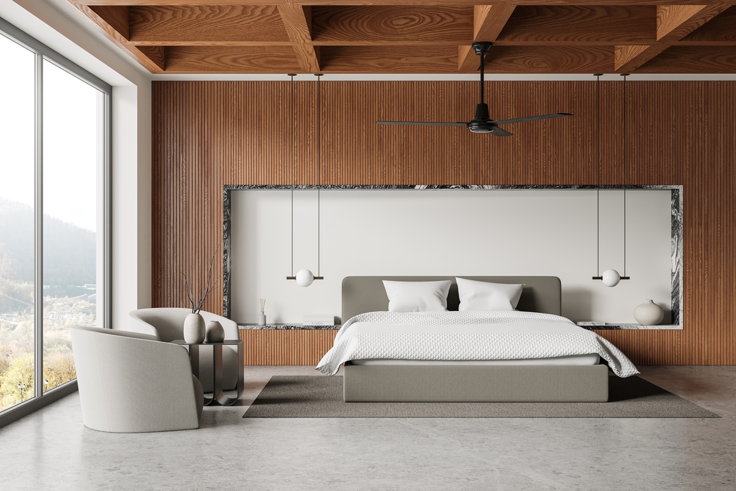 Modern bedroom featuring a wooden panel wall, minimalist decor, and large windows