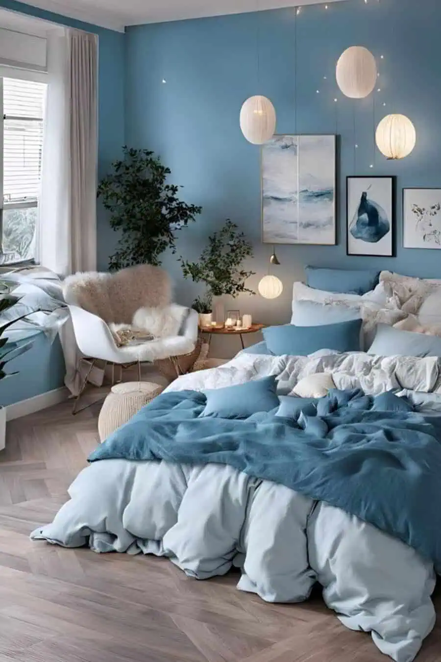 Cozy bedroom with blue bedding, fluffy chair, hanging lanterns, and nature-themed decor