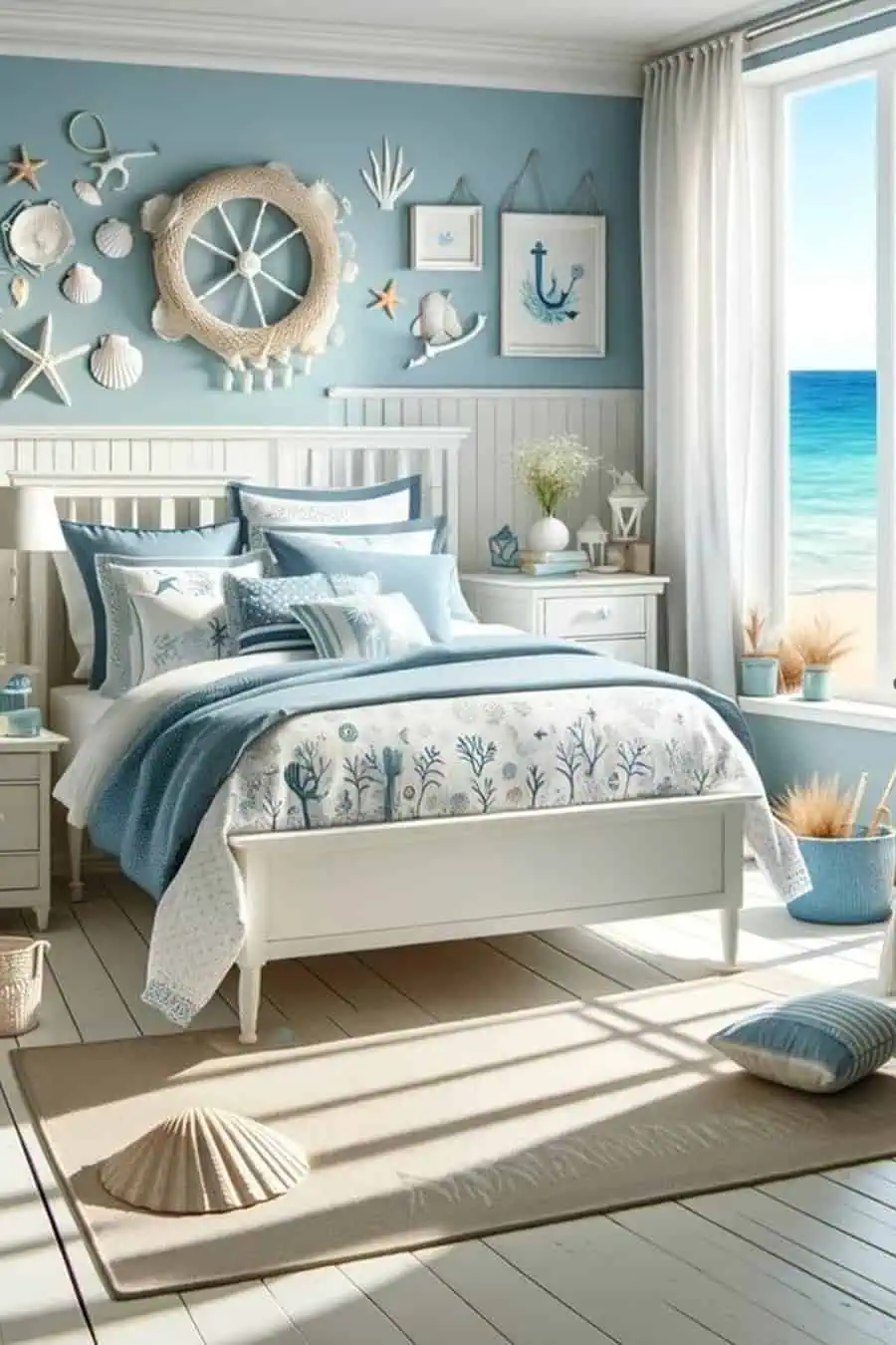 Coastal-themed bedroom featuring ocean view, blue and white decor, seashells, and nautical accents