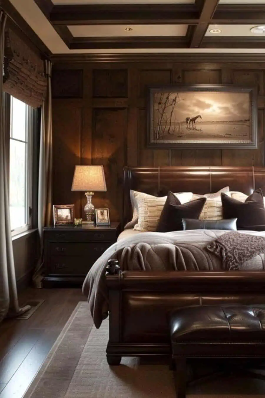 Cozy bedroom with dark wood paneling, a wooden-leather bed, bedside table with lamp, and a framed artwork.