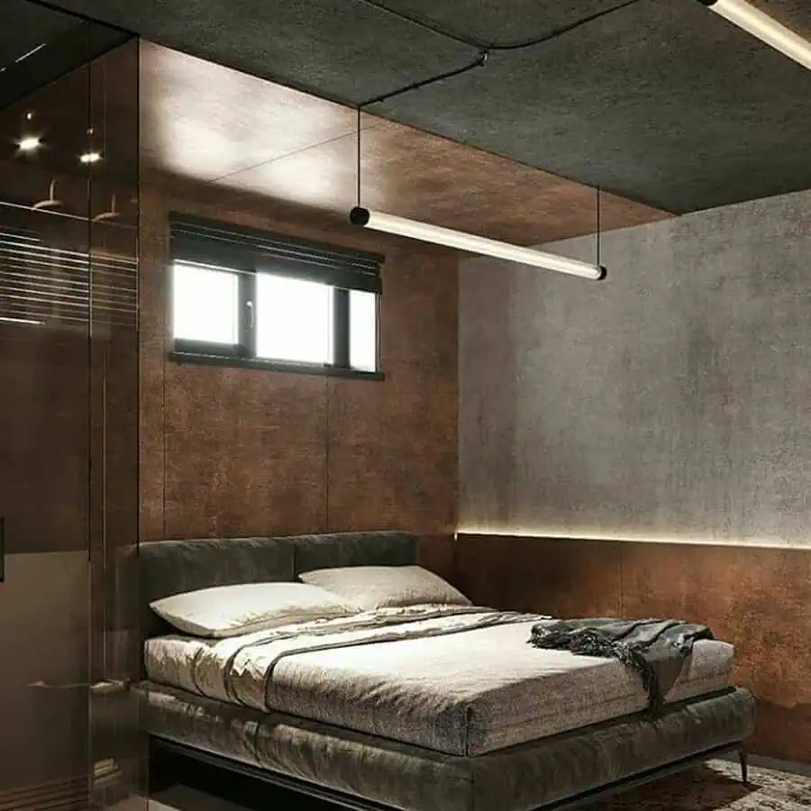 Modern bedroom with minimalist design featuring a low bed and sleek, muted color tones.