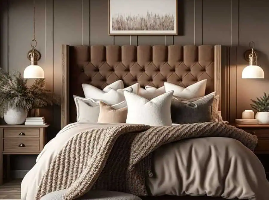 A cozy bedroom with a tufted headboard, plush pillows, and warm, neutral-toned decor.