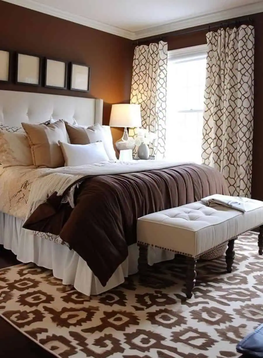 A cozy bedroom with brown and white decor, featuring a patterned rug and bedside lamps.