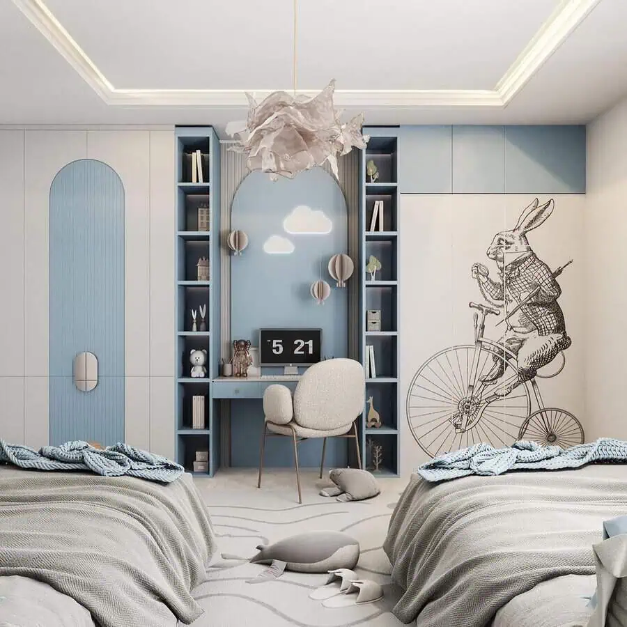 Modern children's bedroom with twin beds, a study desk, and a rabbit mural on the wall