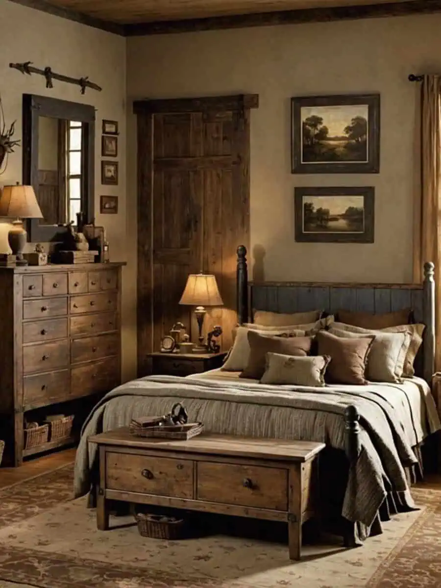 Rustic bedroom with wooden furniture, cozy bed, lamps, and wall art featuring nature scenes.