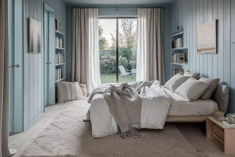 Cozy bedroom with light blue walls, white bedding, and a large window overlooking a garden