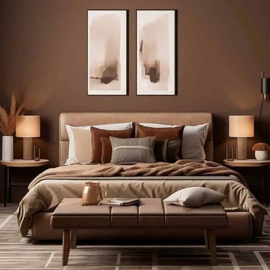 Modern bedroom with a large bed, elegant decor, earthy tones, and contemporary artwork on the wall.