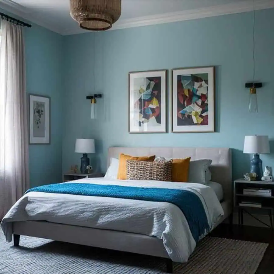 A cozy bedroom with blue walls, modern art, and a bed adorned with colorful pillows