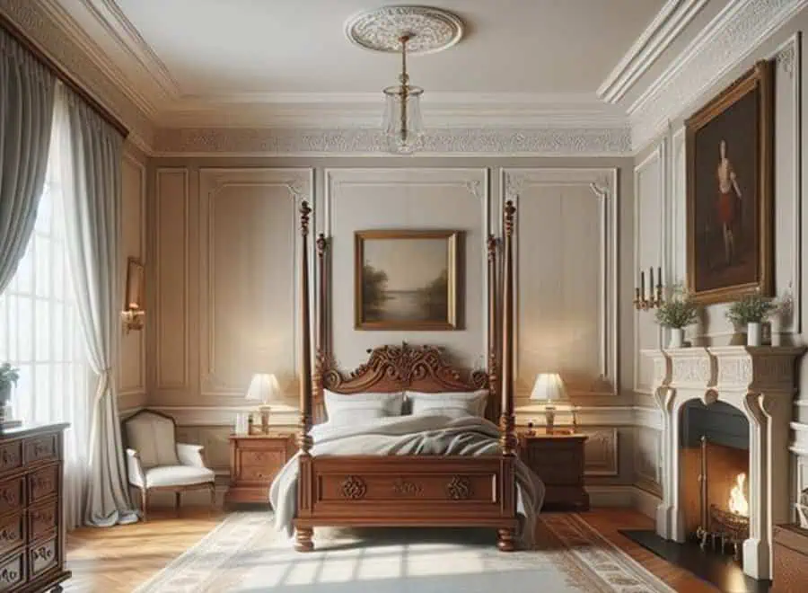 Elegant bedroom with four-poster bed, classic wood furniture, large windows, ornate fireplace, and framed wall art