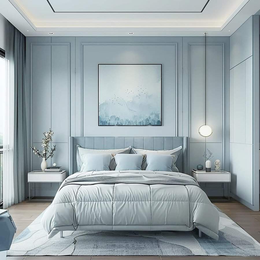 Minimalist bedroom featuring gray tones and modern decor with a centered abstract painting above the bed