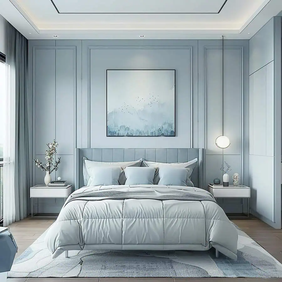 Minimalist bedroom featuring gray tones and modern decor with a centered abstract painting above the bed