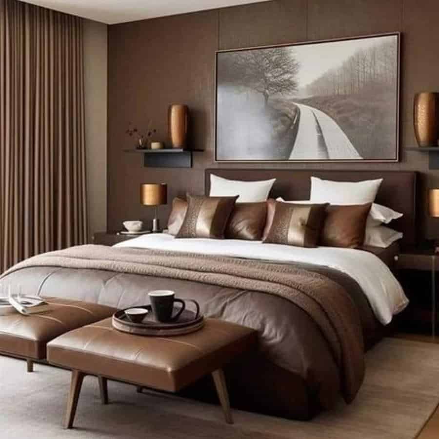 Modern bedroom with a large bed, brown tones, art, shelving, and coffee table with two ottomans.
