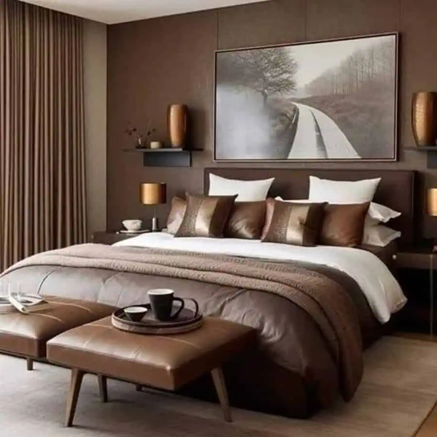 Modern bedroom with a large bed, brown tones, art, shelving, and coffee table with two ottomans.