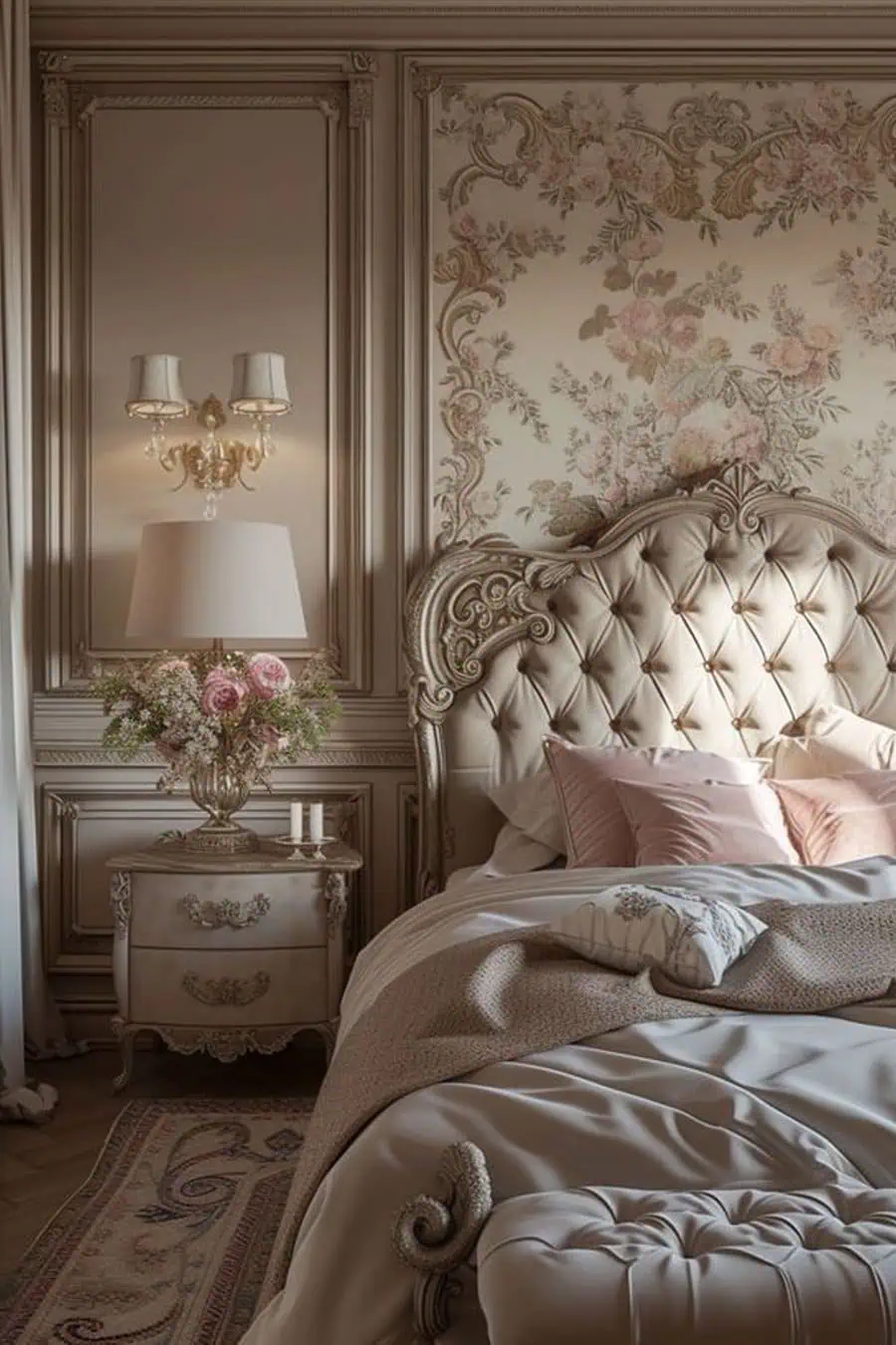 A vintage bedroom with floral wallpaper, ornate headboard, nightstand, lamp with roses, and bed with pink pillows