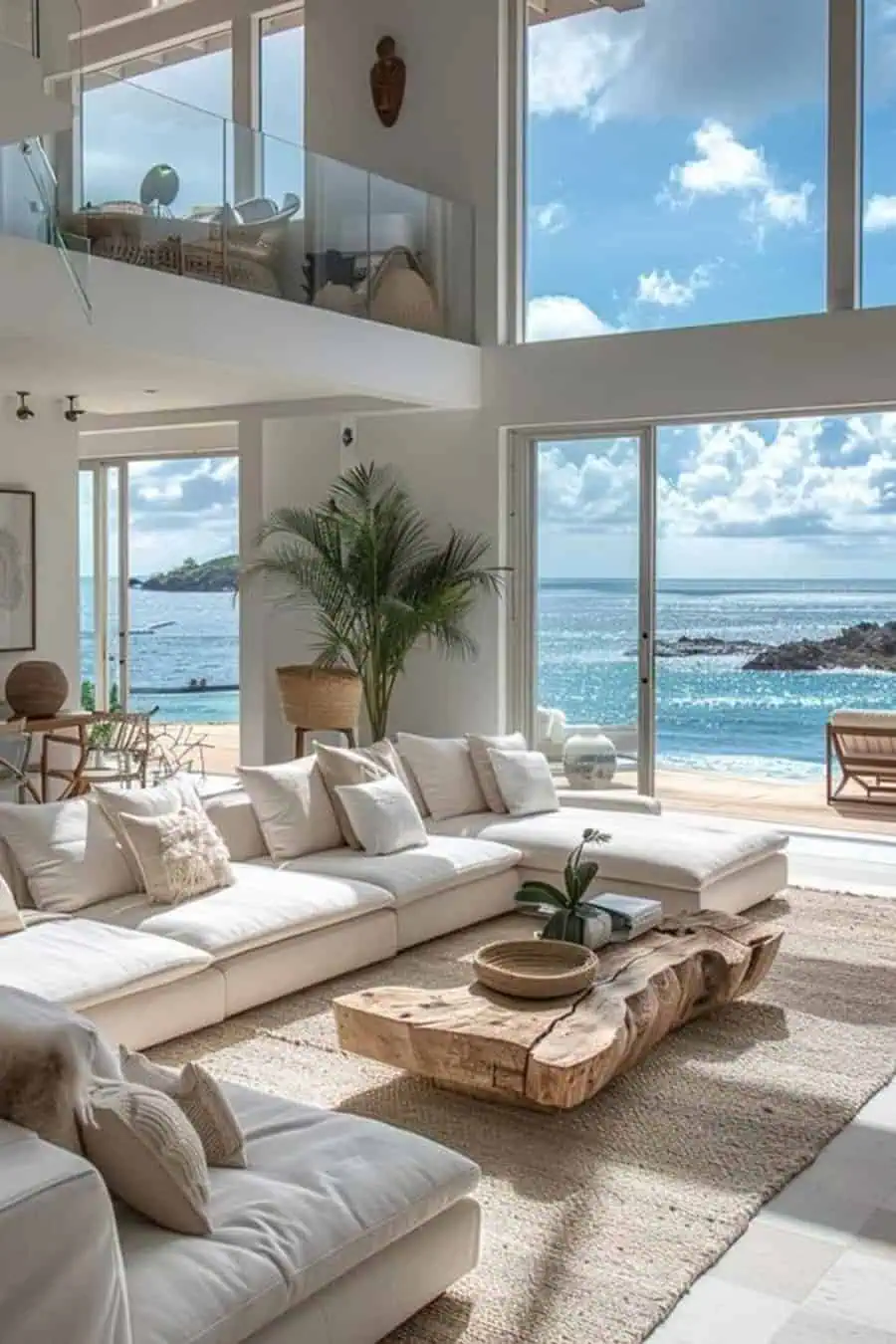 Modern coastal living room with large windows revealing an ocean view, white sofas, and a wooden coffee table