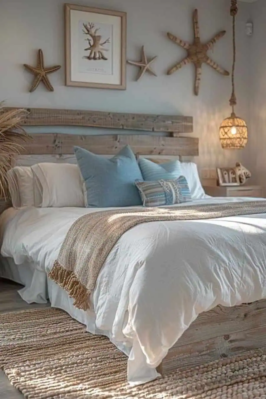 Cozy bedroom with coastal decor, featuring a wooden headboard, blue pillows, and starfish wall art.