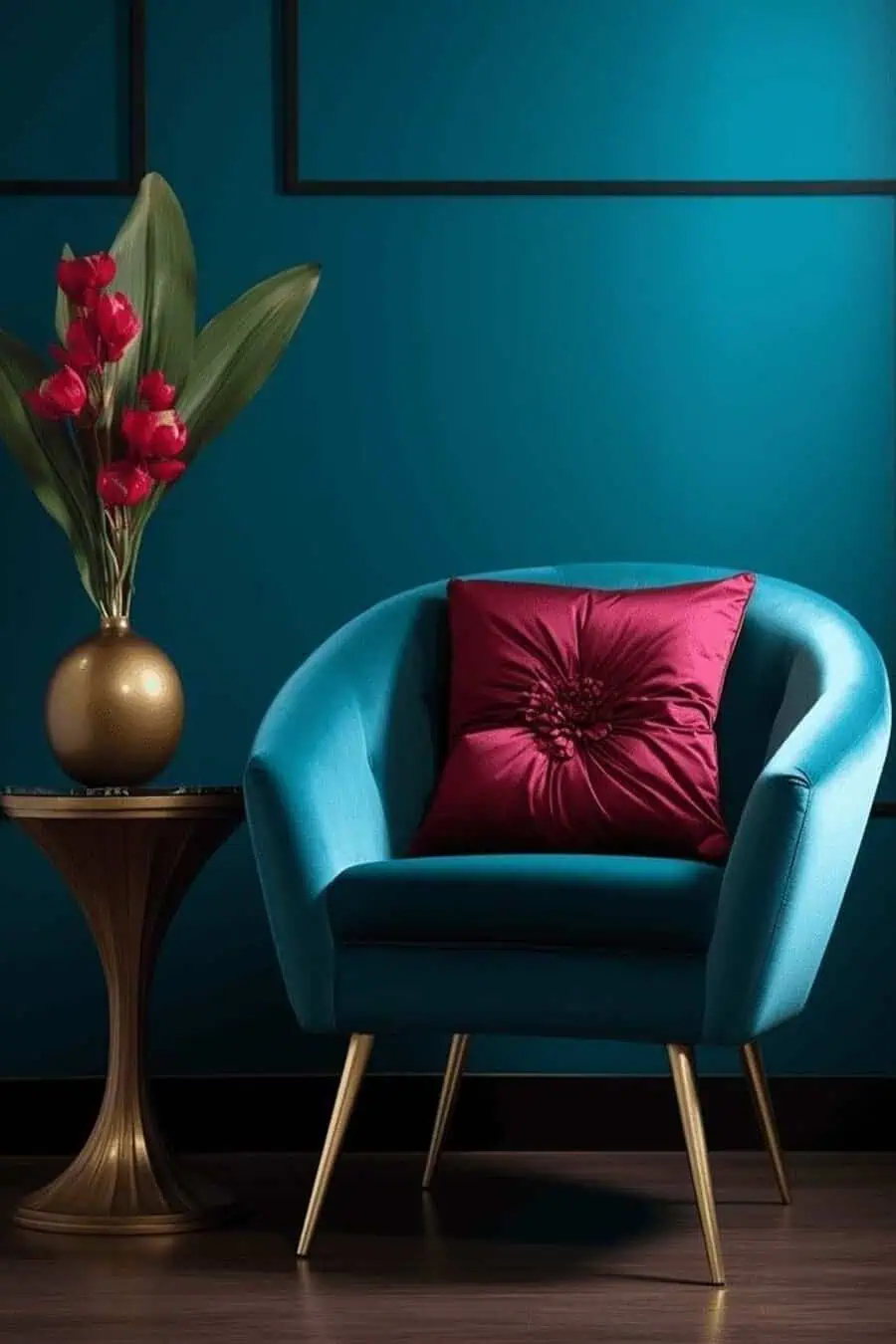 Modern teal chair with a red pillow, next to a gold side table with a vase of red flowers.