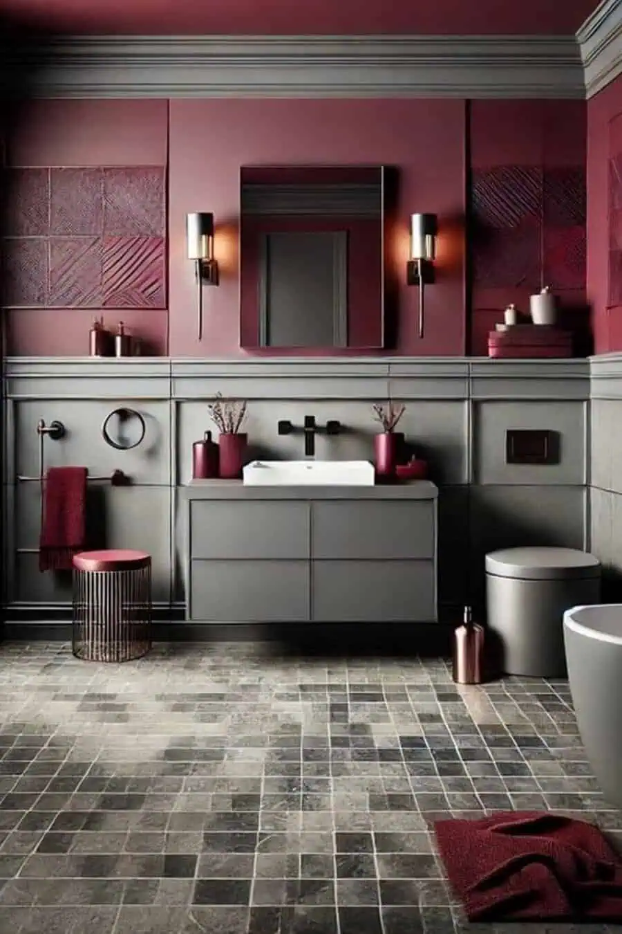 Modern bathroom with burgundy and gray walls, stylish fixtures, and matching decor accents.